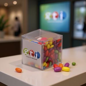 เครื่องจ่ายลูกอม Gti QuBric รูปทรงลูกบาศก์ ใส พร้อมโลโก้ สำหรับใช้ในงานส่งเสริมการขาย - Product Image 3