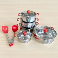 Batterie de cuisine 12 pièces en acier inoxydable avec poignées rouges, comprenant une marmite à soupe et une casserole à lait de 16 pouces – Vente chaude