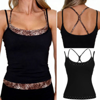 Ensemble de yoga 2 pièces pour femmes, haut d'entraînement à bretelles spaghetti avec bordure contrastée léopard, short taille haute, vêtements de sport et de fitness