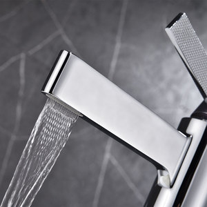 Robinet de lavabo en L à bec carré, haut, monotrou, finition chrome poli, levier plat moleté, cylindre rond, pour salle de bain - Product Image 4