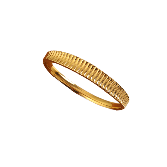 Chunky Wide Symbol Ribbed Bangle Bracelet PVD Plated Waterproof Stainless Steel Fashion Cuff Jewelry with Curved Ridge Design