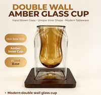 Tasse en verre borosilicate ambré à double paroi, soufflée à la main, coque extérieure transparente, base en bois, 120 ml, pour café, thé, jus