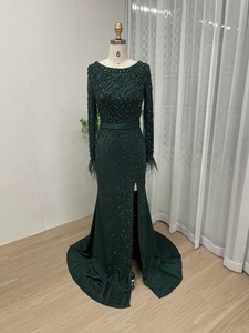 DXM008B eleganti barchetta abiti formali musulmani da <span class=keywords><strong>sera</strong></span> per le donne <span class=keywords><strong>madre</strong></span> sposa perle piume maniche lunghe fino al pavimento - Product Image 3