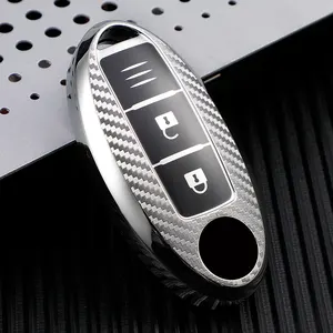 4 Tombol sarung kunci TPU tekstur serat karbon lunak untuk Nissan sarung kunci mobil cangkang kunci Remote otomatis pintar
