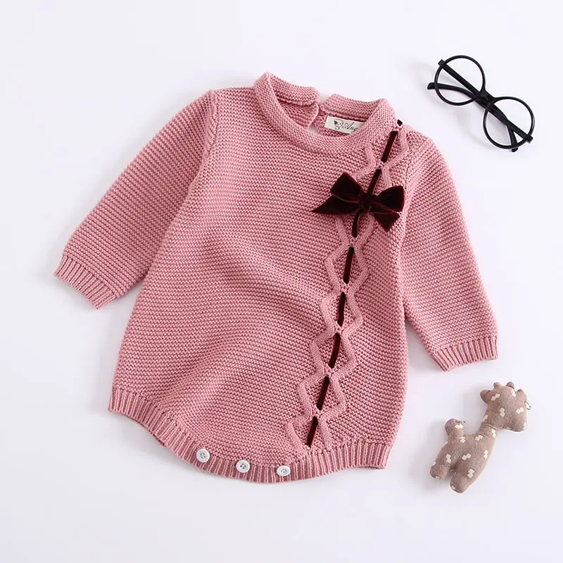 Toddler Cô Gái Bow Tie Dài Tay Áo Romper Cho Mùa Đông Dễ Thương Bé Cô Gái 1st Sinh Nhật Dệt Kim Bodysuit Trang Phục Màu Hồng Trắng Có Sẵn