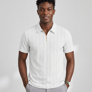 Camisa Polo de Manga Corta con Cierre para Hombre, de Algodón Popelín a Rayas, Casual, Transpirable, Corte Regular - Product Image 1