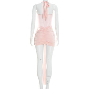 Viviblook D26DS054 Vestidos de Verano para Mujer, Nuevo Vestido Mini de Fiesta con Cuello Halter, Diseño Casual de Color Sólido con Malla y Lazos - Product Image 6