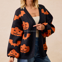 Cardigan en tricot jacquard surdimensionné à col en V et devant ouvert pour femme, motif citrouille et chauve-souris, manches longues, décontracté, pour l'automne, taille personnalisée et grandes tailles