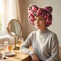 Grand bonnet en peluche imprimé léopard de 35 cm, doublé de satin, pour femme, avec oreilles d'animaux mignonnes en fausse fourrure, protection capillaire et nœud