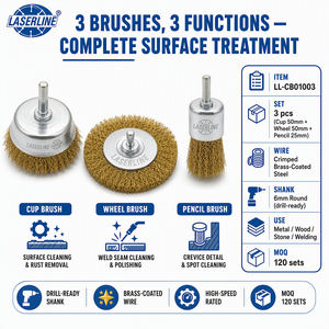 <span class=keywords><strong>LASERLINE</strong></span> Lot de 3 brosses métalliques ondulées en acier recouvert de laiton, tige de 6 mm, accessoires pour perceuse, brosse en forme de coupelle, brosse crayon, pour décapage de rouille et soudure - Product Image 1