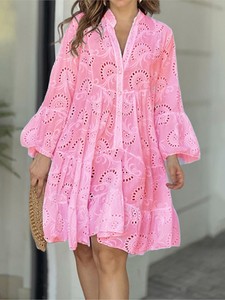 Dernière Collection <span class=keywords><strong>Robe</strong></span> d'Été <span class=keywords><strong>Chic</strong></span> pour Femmes, Décontractée Couleur Unie, Col en V Brodé, Creux, Ample en <span class=keywords><strong>Dentelle</strong></span> - Product Image 6