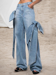 Jeans Femme Taille Haute Style Boyfriend Délavé Patchwork avec Nœud Respirant et Séchage Rapide Conception Cargo - Product Image 3