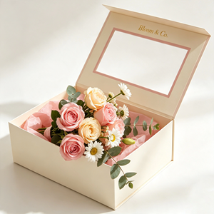 กล่องของขวัญดอกไม้สุดหรูพร้อมหน้าต่าง PVC ใส กล่องบรรจุภัณฑ์กระดาษแข็ง สำหรับวันวาเลนไทน์ วันเกิด พร้อมโลโก้สั่งทำ - Product Image 4
