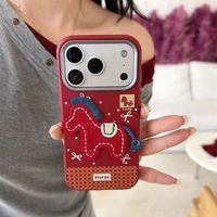 Casing TPU Bermotif Kulit dengan Bingkai Logam Kuda 3D Merah Bordir Baru untuk iPhone 17 16 15 Pro Max