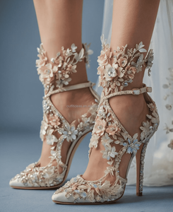 Paradise elegante Sexy diamantes de imitación flores cristal tobillo Correa nupcial Floral bordado zapatos tacón de aguja graduación boda sandalias - Product Image 2