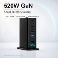 Chargeur USB C 520W, Hub de bureau GaN 8 ports, 4C PD100W 4A QC30W, Affichage intelligent, Charge rapide pour ordinateur portable, CE