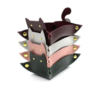 Kotak penyimpanan kulit PU kucing lucu kotak penyimpanan Desktop multifungsi tempat kucing portabel penyimpanan koin perhiasan kulit