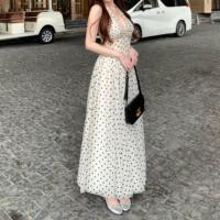Robe licou à pois élégant taille-cintrage été décontracté arête de poisson col en v longue robe avec robe Maxi dos nu Sexy