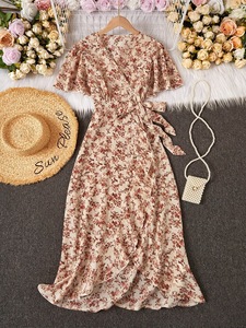 <span class=keywords><strong>Robe</strong></span> maxi à manches courtes de style européen et américain, col en V, élégante, intellectuelle, <span class=keywords><strong>robe</strong></span> décontractée pour femmes. - Product Image 3