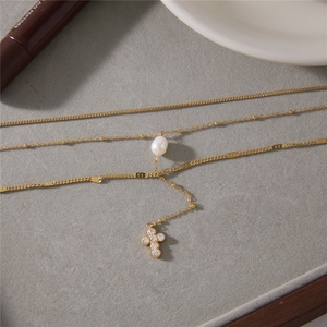 Collares de cadena en capas con dijes de perlas naturales y circonitas para mujer, collares apilados de acero inoxidable con cadena en Y para clavícula, joyería. - Product Image 3