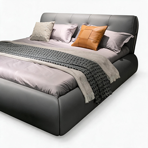 Grey Genuine Leather Upholstered <b>Bed</b> with Tufted Headboard and Rounded Wraparound Base <b>Bed</b> <b>Frame</b> for Modern Bedroom - Product Image 6