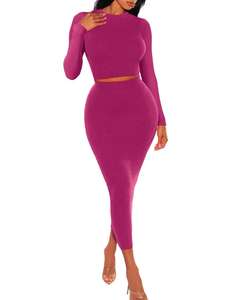 Женский винтажный комплект из 2 предметов, укороченный Топ с длинным рукавом, облегающая юбка с высокой талией, плотное платье в рубчик - Product Image 2