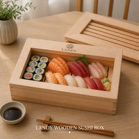Boîte à sushi en bois massif naturel, style japonais, plateau de service pour sashimi avec couvercle transparent pour fruits de mer et viande