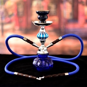 Cachimba de Vidrio Azul con Doble Manguera, Set de Shisha con Base Metálica, Estilo Árabe, para Bar, Fiesta, Viajes - Product Image 1