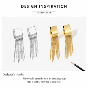 Boucles d'oreilles pendantes Huggie structurées en acier inoxydable plaqué or 14K sous vide avec franges en chaîne dorée - Product Image 4