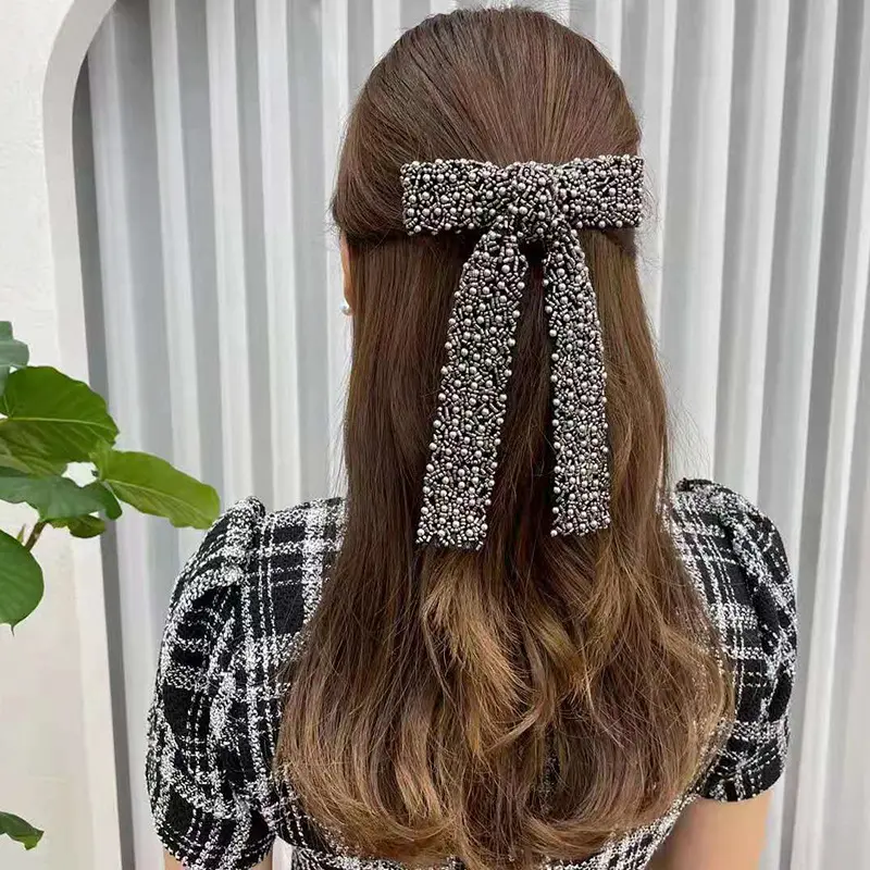 Pinza para el pelo con lazo, Tiara de perlas, Clip superior, moda de cristal, cuentas de diamante, Clip para cola de caballo con lazo para mujer, Accesorios de belleza para mujer