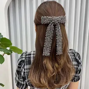 New Hair Clip Bow Pearl Tiara Top Clip Fashion Glass Diamond Beaded Ladies Bowknot Ponytail Clip beauty accessories for women