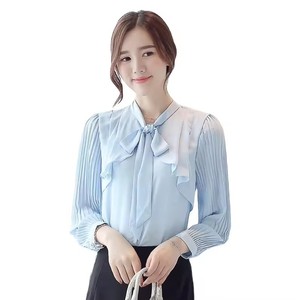 Blusa de Gasa Elegante para Oficina de Último Diseño Coreano con Lazo para Mujer <span class=keywords><strong>en</strong></span> Color Sólido de Manga Larga Estilo Casual con Logo Interior Blanco - Product Image 2