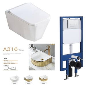 <span class=keywords><strong>WC</strong></span> <span class=keywords><strong>suspendu</strong></span> carré blanc sans rebord avec réservoir encastré et lavabo sur colonne en céramique – Ensemble sanitaire de salle de bain - Product Image 1