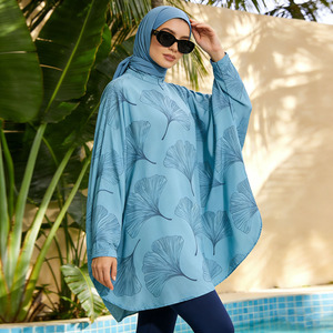 Blue Abstract Leaf Kaftan Burkini Swimwear <b>Set</b> For Women <b>Modest</b> Sleeve Pants Hijab Quick Dry Beachwear - Product Image 3