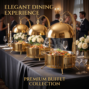 QY Ensemble de service de luxe rond 8L doré en acier inoxydable 201, chauffe-plat à alcool pour buffet, idéal pour hôtels et mariages - Product Image 1