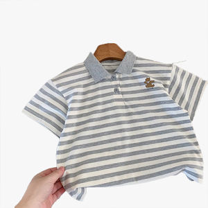 Polo à manches courtes pour garçons, T-shirt rayé pour enfants, nouveau style d'été, haut tendance à motif de dessin animé pour jeunes enfants - Product Image 3