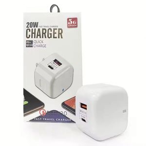 US EU UK <b>Plug</b> 20W Dual Ports <b>USB</b> Type C <b>Wall</b> Charger PD Fast Charging Power Adapter A+C Charger with Retail Box - Product Image 1