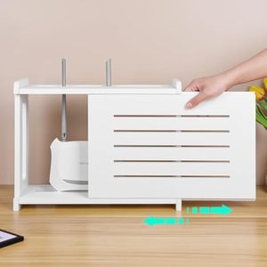 Caja de almacenamiento para enrutador WiFi montado en la pared de madera de bambú blanco, organizador de tira de alimentación para gestión de cables, estante para enrutador de madera de bambú sólido - Product Image 3