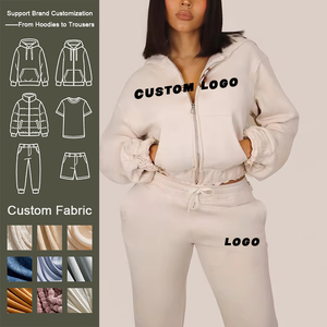 फैशन उच्च गुणवत्ता वाली कस्टम सूती ऊन महिलाओं के ट्रैकसूट सेट प्यूफ प्रिंटिंग क्रोप्ड हुडी और स्वेटपैंट सेट - Product Image 1