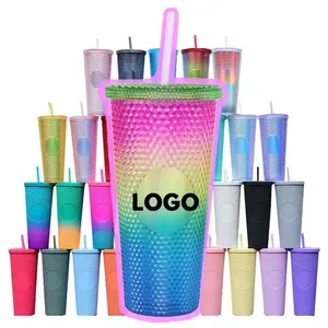 Top Seller Reusable Diamond Drinking Cup 24oz Coffee Mug Double Wall Plastic Iridescent Matte Studded Tumbler With Lid And Straw