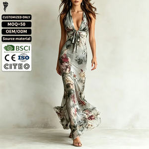 <b>Custom</b> Halter Neck Floral Print Chiffon Mermaid <b>Dress</b> Deep V Tie Waist Backless Long Maxi Evening <b>Dress</b> Women Party Gown - Product Image 1