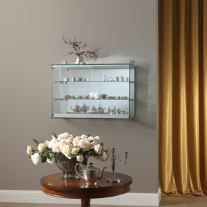 Armoire murale en verre moderne de 80 cm de large et 55 cm de haut avec miroir au dos et deux étagères pour l'exposition dans le salon - Product Image 3