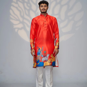 Art Soie Kurta Handcrafted Puja Outfit Krishna Thème Zari Broderie Kurta Festive Wear Kurta pour Hommes - Product Image 1
