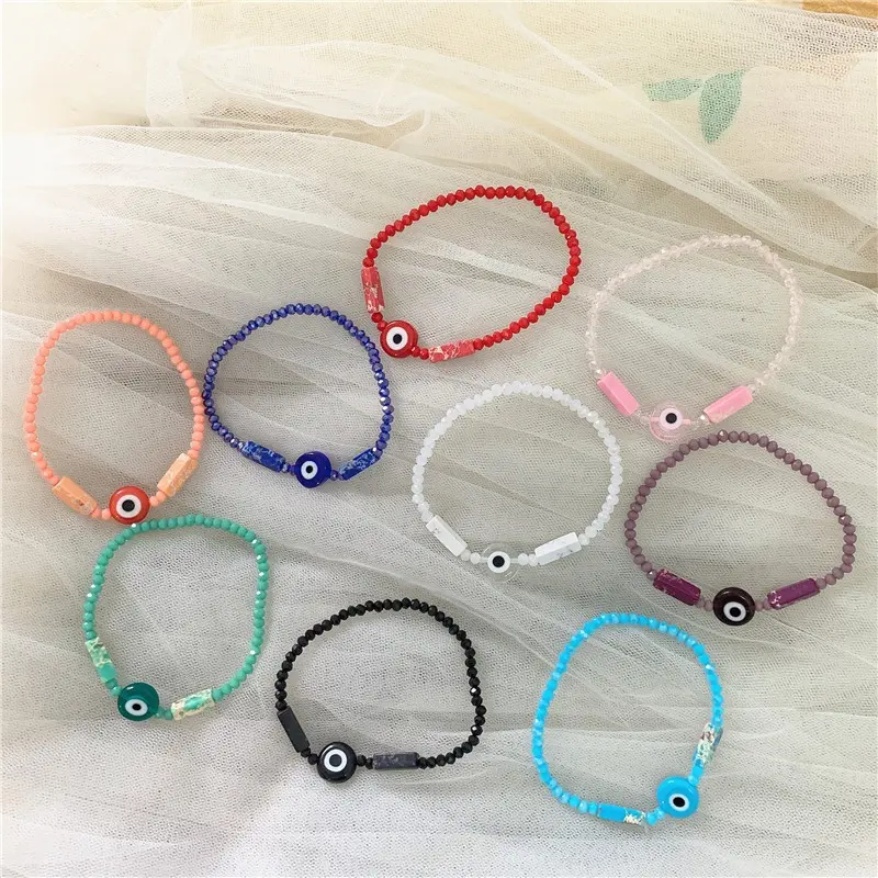 Braccialetti di perle di cristallo di vetro colorato semplice per bambini di gioielli Vintage di moda coreana che impilano il braccialetto di fascino geometrico dell'occhio di tendenza