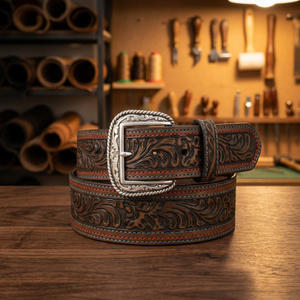 Cinturón de herramientas de cuero occidental de moda para hombre y mujer tallado a mano con costuras turquesas y rojas personalizadas - Product Image 1