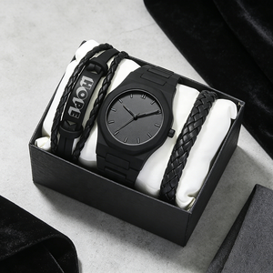 Conjunto de Reloj de Lujo para Hombre <span class=keywords><strong>en</strong></span> Negro Stealth, 3 Piezas, Esfera con Números Árabes, Reloj de Cuarzo de Plástico con Correa de Cuero Trenzado, Regalo - Product Image 2