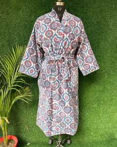 เสื้อคลุมกิโมโนผู้หญิง ความยาวเต็มตัว พิมพ์ลายเรขาคณิต ผ้าฝ้าย 100% ปิดด้วยเชือกผูก คอวี ทรงหลวม แขนสามส่วน ใส่ได้ในฤดูใบไม้ผลิ - Product Image 1