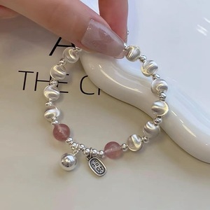 S925 Sterling Silver Beaded <b>Bracelet</b> With Strawberry Quartz And Cat's Eye <b>Beads</b> For Women Everyday Wear - Product Image 1