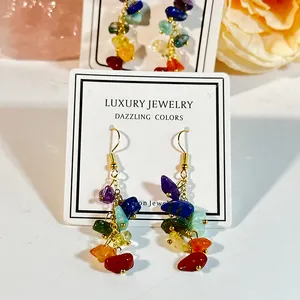 Natural Tumbled Stones Healing Crystal Earrings Gold Color Wire Wrap Earring Energy 7 Chakra Hoop Earring Jewelry For Women