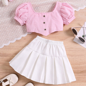 Conjunto de 2 Piezas para Niñas, Top Corto con Mangas Abullonadas a Cuadros y Falda Plisada, <span class=keywords><strong>Ropa</strong></span> de Verano para Niños, Venta al Por Mayor, Compatible con OEM y ODM - Product Image 4